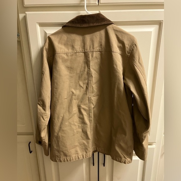 LL Bean Chore Barn Corduroy Trim Khaki Tan Jacket Flannel Lined womens M Petite - Picture 7 of 7